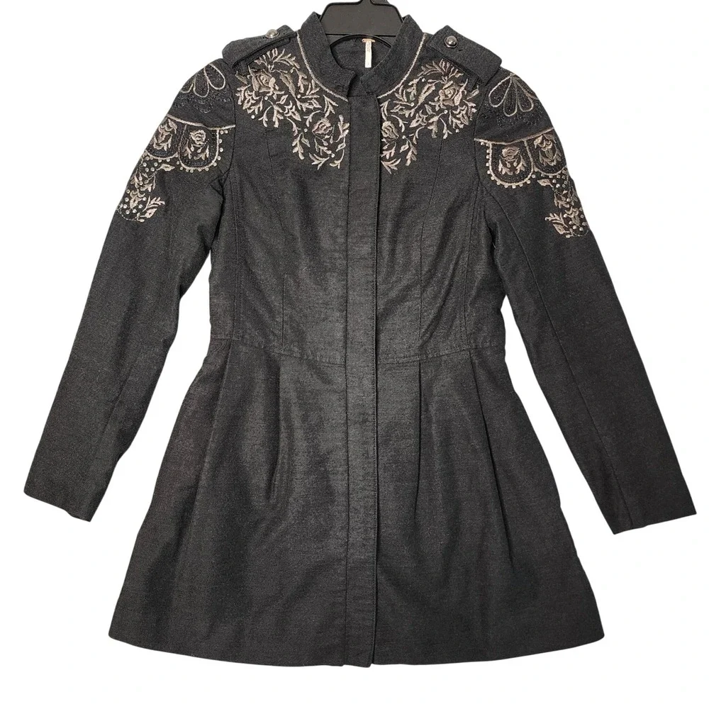Free People Embroidered Military Coat Women 2 Grey Studded Fit Flare Victorian